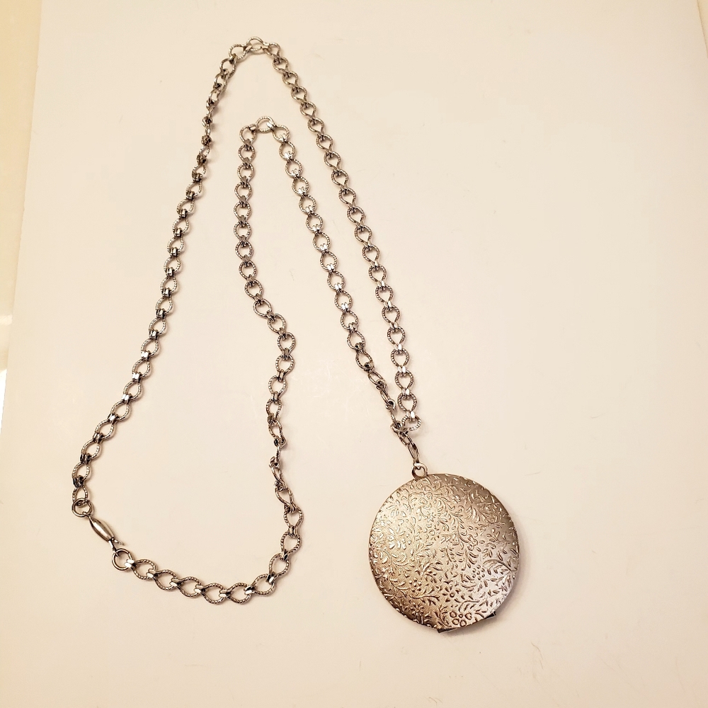 Silver Tone Floral Engraved Round Locket Pendant Necklace, 24 Inch Chain